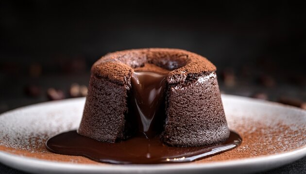 decadent chocolate lava cake with melting center and dark background