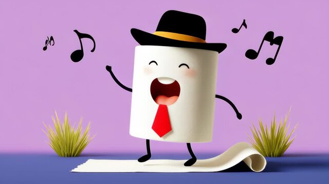 Cartoon character is singing and dancing on a sheet of paper. The character is wearing a hat and a tie. Scene is lighthearted and fun