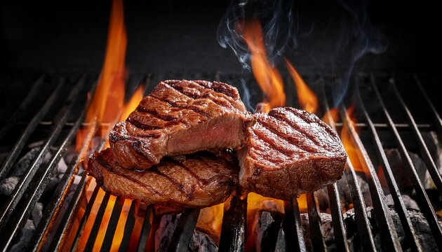 thick meat portions grilling over hot charcoal with flames