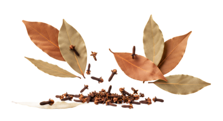Spice Symphony A close-up shot of bay leaves and cloves on a white background, perfect for culinary use