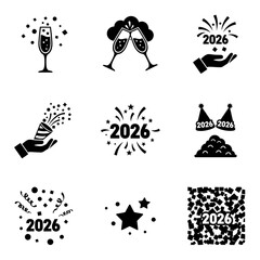 New Year Celebration Icon Set in Black and White Style for 2026