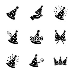 Icon set of party hats celebrating New Year 2026 in flat style