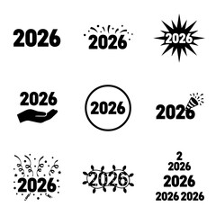 2026 Icon Set Featuring Celebratory Designs in Black and White