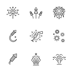 Set of festive firework icons in minimalist style with black outlines