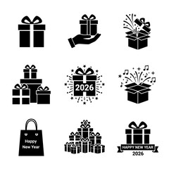 New Year gift icons set in minimalist style with black color scheme