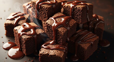 Chocolate syrup pouring on a stack of delicious brownie bars. Decadent dessert for snack time or special occasion. Sweet baked good concept.