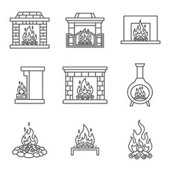 Set of fireplace icons in line art style with warm colors for cozy decor