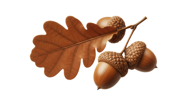 A vibrant brown oak leaf and a cluster of ripe acorns on a small twig, beautifully isolated on a pure white background, capturing the rich essence of autumn's natural harvest and seasonal renewal