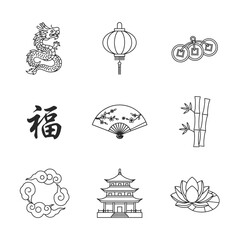 Chinese icon set featuring dragon, lanterns, and traditional symbols
