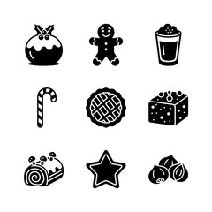 Icon set of holiday treats in minimalist style featuring black colors