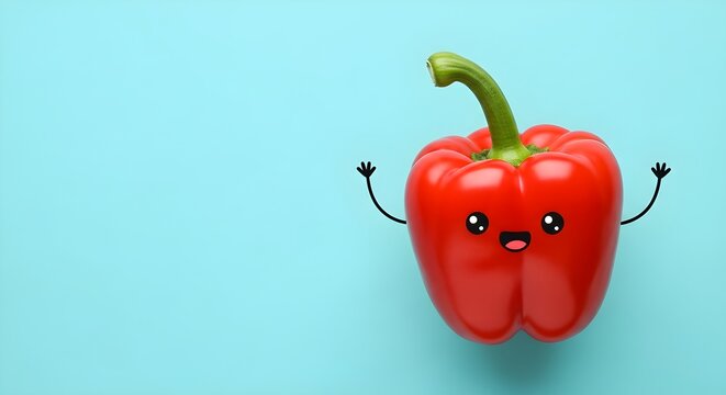 Cute red bell pepper with cartoon face and arms on a light blue background with copyspace perfect for healthy eating campaigns and children's nutrition education materials