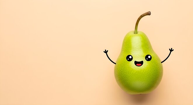 Happy green pear with cute cartoon face and arms on a peach background with copyspace perfect for healthy eating campaigns and children's nutrition education materials