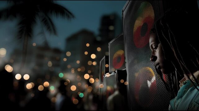 A tropical night party with giant speakers pulsing like a heartbeat, a reggae-style DJ, palm silhouettes and city lights by the coast. Perfect for music ads, party promos and nightlife visuals.