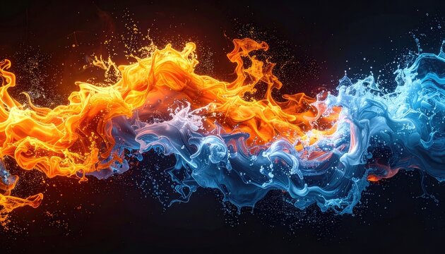 Dynamic collision of swirling orange fire and splashing blue water