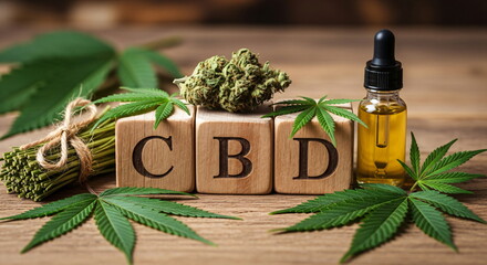 Wooden blocks spelling CBD surrounded by cannabis buds and leaf. Medical cannabis concept for health, wellness, and alternative medicine.