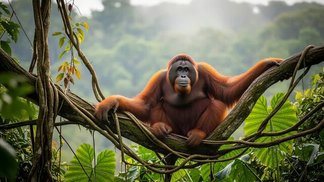 Simian resting on jungle ropes, Monkey lounging amid vibrant leafy