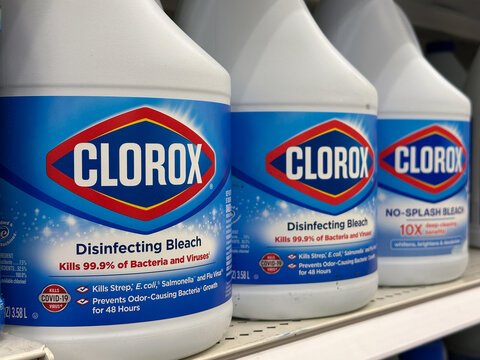 Northville, Michigan, USA - Nov 9, 2025 : Clorox disinfecting bleach bottles on a store shelf, showing their germ-killing claims, essential household cleaning and laundry products.