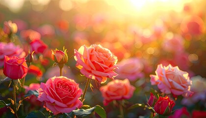 A sunlit garden of pink roses with a warm, golden glow and soft focus background