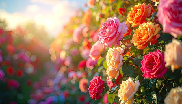 A vibrant rose garden with colorful blossoms basking in warm, golden sunlight - Powered by Adobe