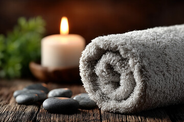 towel draped over table, smooth gray stones arranged artfully, earthy brown and gray tones, soft natural lighting, inviting texture, suitable for wellness branding, spa advertisements, home decor prom
