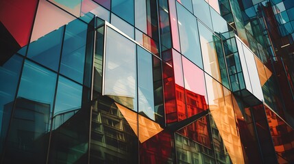 high‑contrast building exterior featuring a dynamic geometric glass façade in multiple colors with angular modern design modern office building