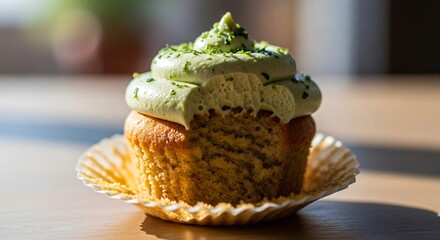 Cupcake with green frosting and dripping glaze and hemp leaf decoration, sweet dessert food for cannabis culture related event
