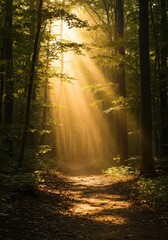 Fototapeta premium Golden sunbeams penetrate the dense forest canopy, illuminating a winding path covered in dirt and fallen leaves, creating a peaceful woodland scene, depth, tranquil, atmospheric