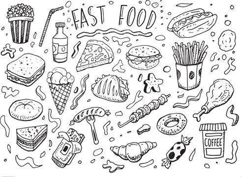 Hand drawn vector fast food doodles on white background
