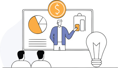 Business Presentation Illustration with Charts and Light Bulb