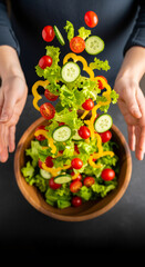 Hands Tossing Fresh Colorful Vegetables Into Wooden Bowl Creating Dynamic Garden Salad From Above