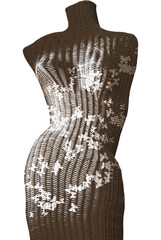 Body form of sculpted wicker mannequin shows curves & mid section of female woman     embellished with fabric, design and butterflies. Body is in movement.