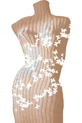 Body form of sculpted wicker mannequin shows curves & mid section of female woman     embellished with fabric, design, bubbles or  butterfly. Body is in movement.