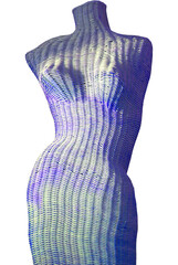 Body form of sculpted wicker mannequin shows curves & mid section of female woman     embellished with fabric, design, bubbles or  butterfly. Body is in movement.