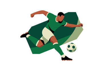 Dynamic Soccer Player in Action with Bold Green Background and Fluid Motion