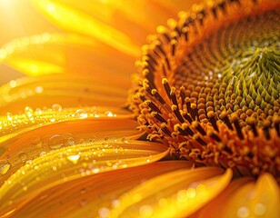 A vibrant sunflower with water droplets, basking in bright golden sunlight