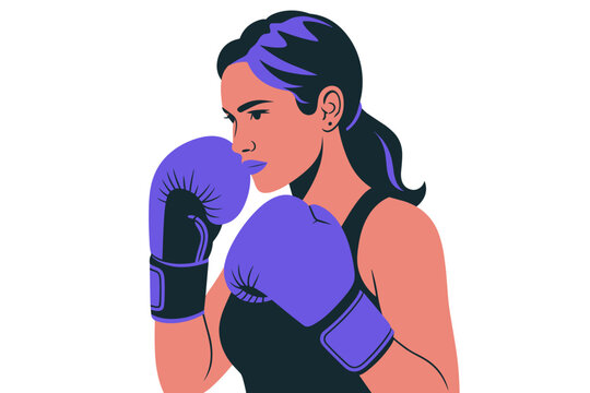 Empowered Female Boxer in a Determined Stance with Purple Gloves Against a Minimalist Background