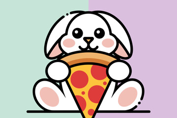 Cute Cartoon Bunny Joyfully Enjoying a Slice of Pepperoni Pizza in Playful Colors