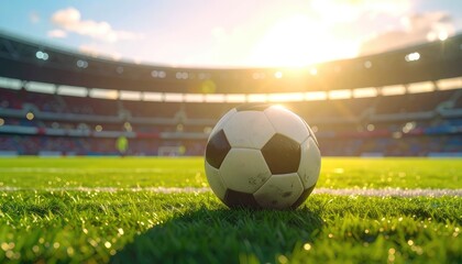 A soccer ball on a sun-drenched stadium pitch during a vibrant sunset