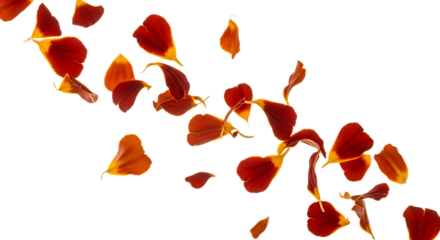 A dynamic and vibrant display of falling marigold petals creating a sense of movement and natural beauty against a clean white background