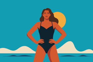 Confident Woman in Black Swimsuit Against Vibrant Turquoise Background with Sunrise Elements
