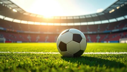A football on the line of a sun-drenched stadium pitch, awaiting the match