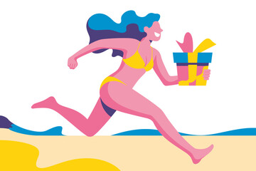 Joyful Woman Running on the Beach with a Gift Box Under a Bright Blue Sky