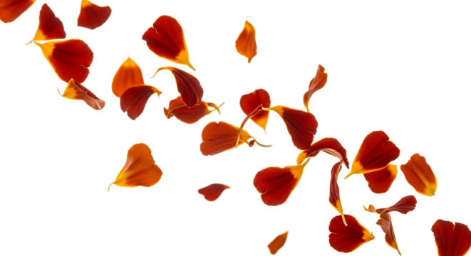 A dynamic and vibrant display of falling marigold petals creating a sense of movement and natural beauty against a clean white background
