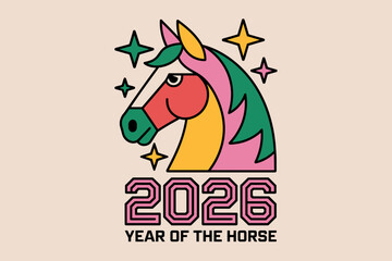 Colorful Illustration Celebrating the Year of the Horse with Playful Retro Design and Festive Elements