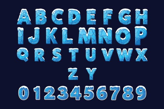 Icy alphabet and numbers with snow caps for winter themed designs