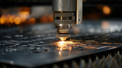 Watch as a laser cutter performs precise cuts on metal sheets in a manufacturing facility, highlighting the efficiency and accuracy of modern technology during evening hours