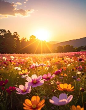 A vibrant field of colorful flowers glowing in the golden light of sunset