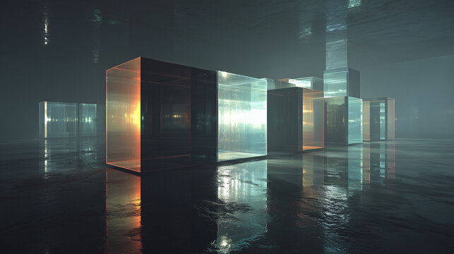 Futuristic Data Visualization: Translucent Digital Blocks with Luminous Cores