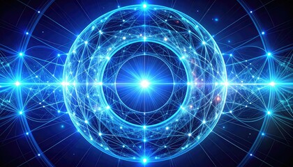 A radiant blue sphere of interconnected light nodes on a futuristic grid