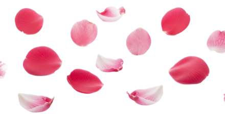 Scattered vibrant pink rose petals on a pristine white background, forming a beautiful and romantic seamless pattern ideal for celebrations, invitations, or serene floral designs and backgrounds